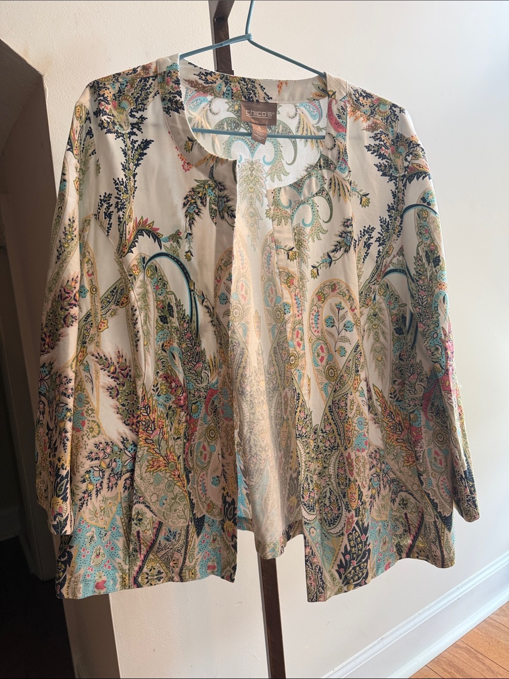 Chico's Cream Paisley-Print Open Front Jacket with Teal & Pink Accents